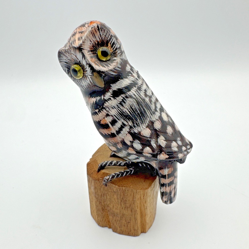 Hand Carved Wood Owl Sculpture Bird on Branch Hand Painted 4.25" Tall Vintage